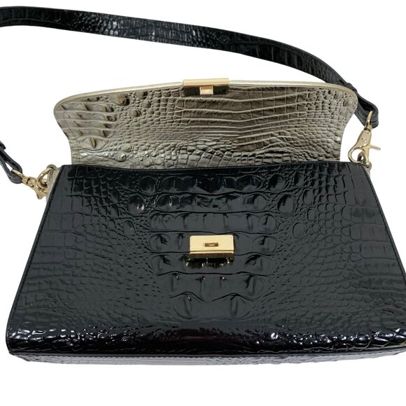 BRAHMIN Fold Over Clasp Shoulder Bag Clutch Crocodile Embossed Leather Silver - Picture 6 of 14